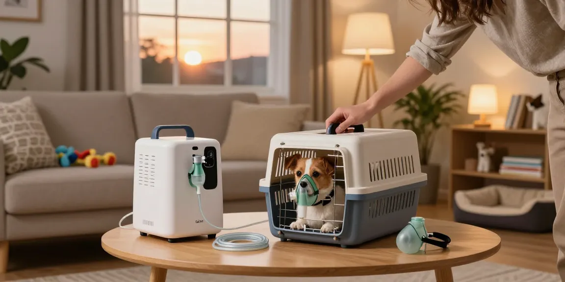 Pet oxygen machine rental service helping a small dog breathe comfortably in a cozy living room