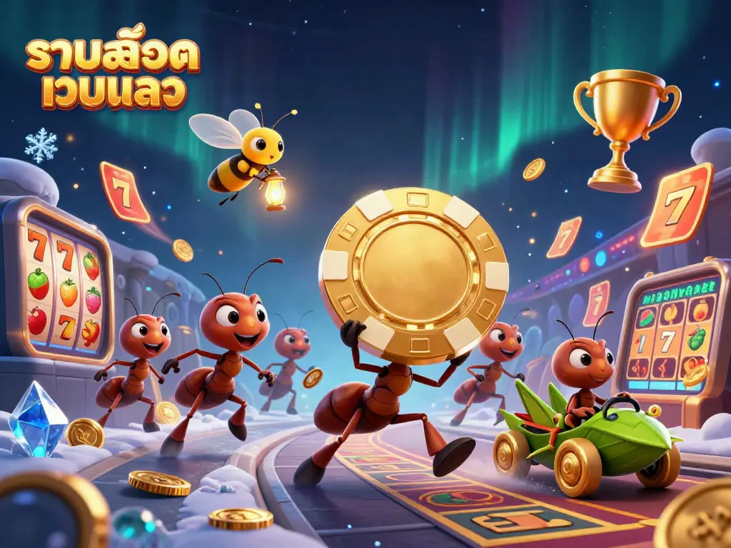 Engaging scene showcasing a team of ants carrying a giant poker chip, symbolizing รวมสล็อตเว็บตรง fun and excitement in gaming.