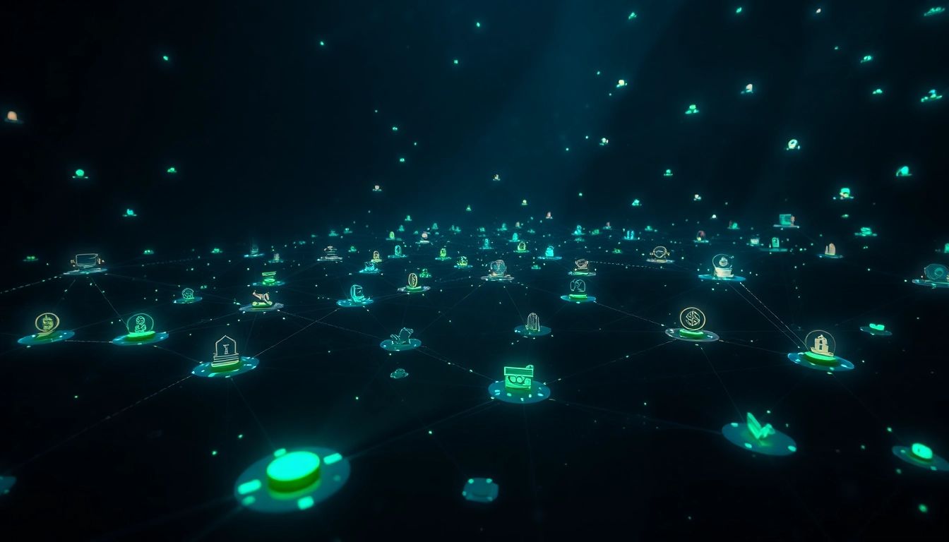 An illustration representing the hidden wiki on the dark web, featuring interconnected digital nodes and cryptocurrency symbols in a mysterious atmosphere.