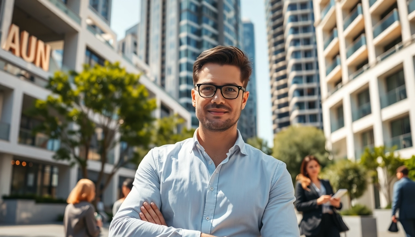Real Estate agent showcasing modern homes with vibrant city backdrop and natural lighting.