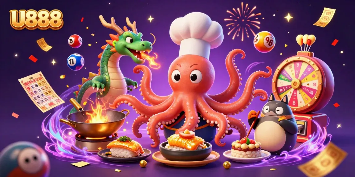 Engage in thrilling U888 gameplay with octopus chef, dragon, and tanuki amidst vibrant lottery excitement.