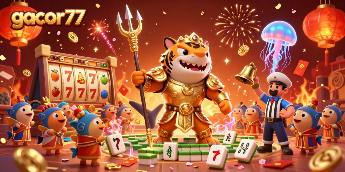 Ilustrasi 3D gacor77 menampilkan hiu kartun mengesankan dengan armor gladiator, dikelilingi elemen kasino yang meriah.