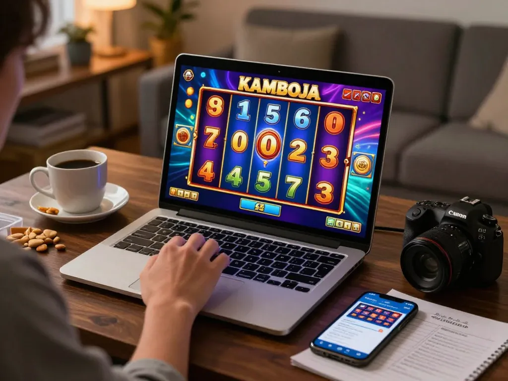 Playing a thrilling slot server kamboja game on a laptop in a cozy home setting with snacks.
