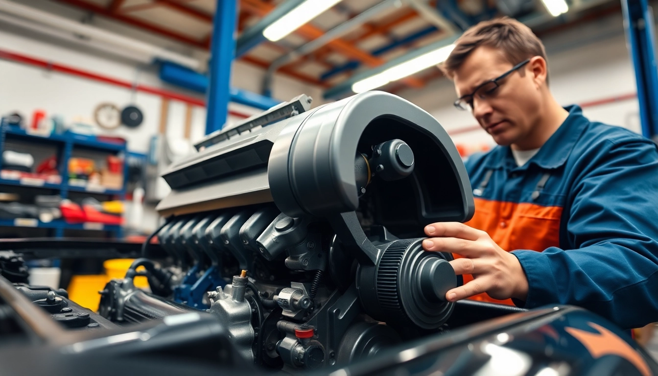 Mechanic working on Approved Engines in a bright automotive workshop.