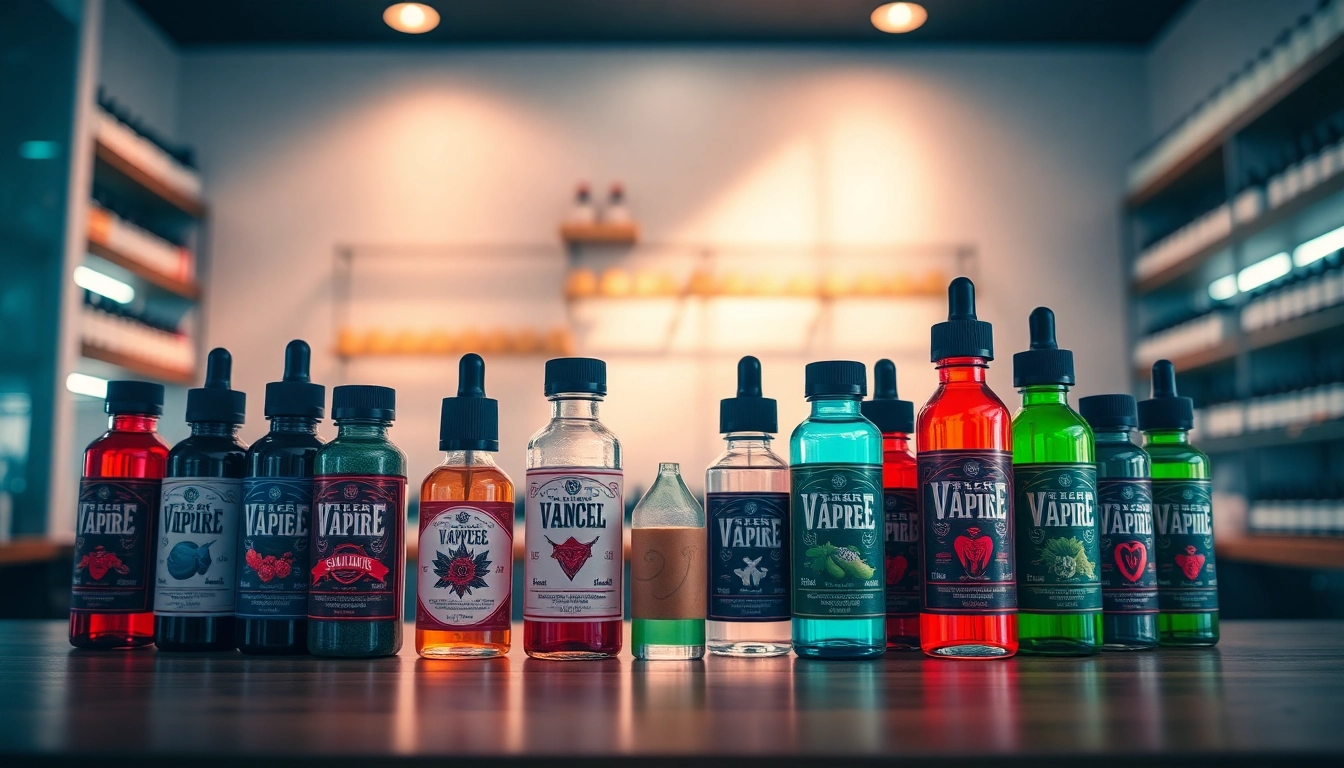 Explore vibrant vape juice flavors displayed artfully on a modern shop counter.