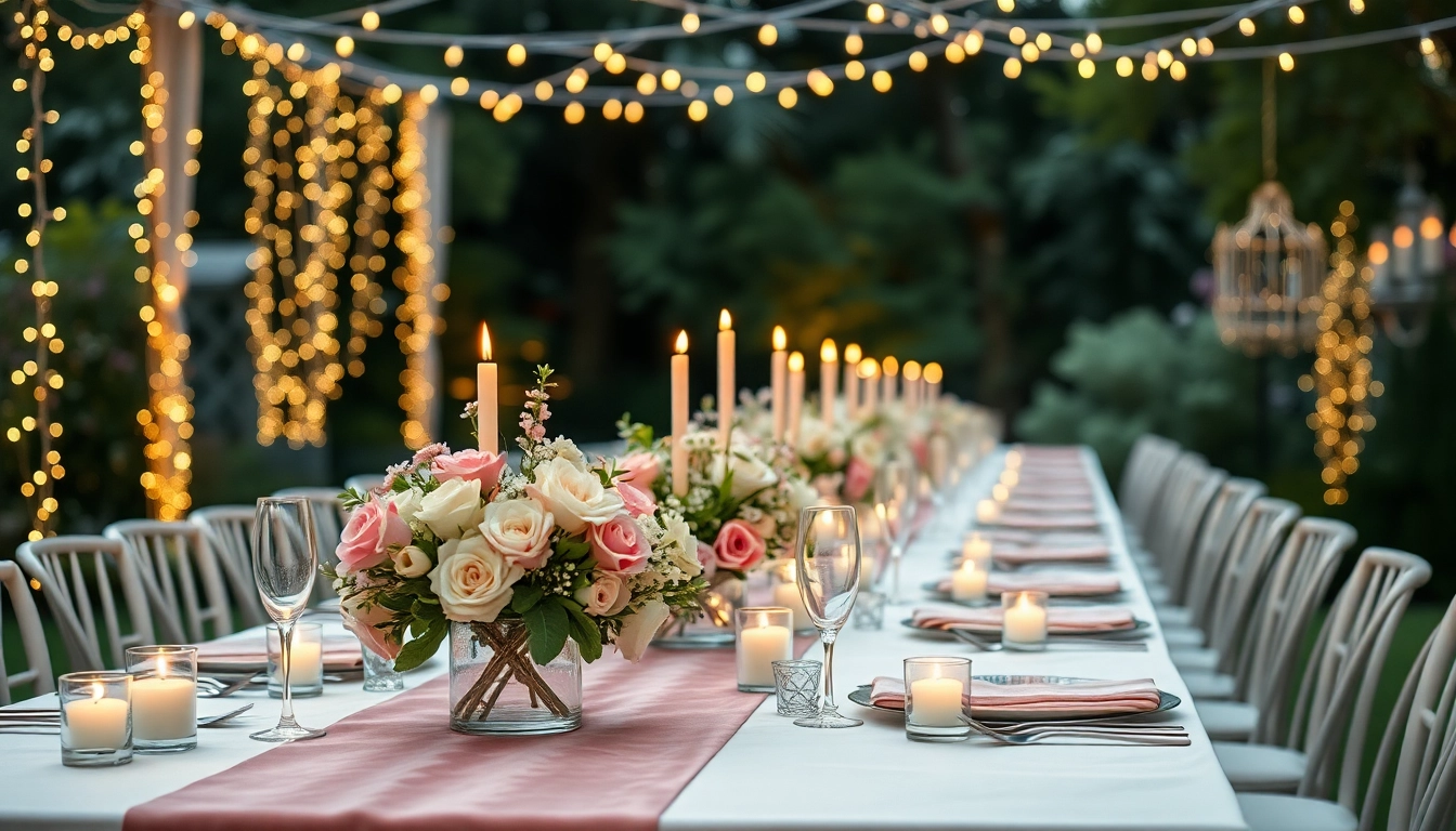 Elegant wedding & event rentals showcased at a beautifully decorated garden reception.
