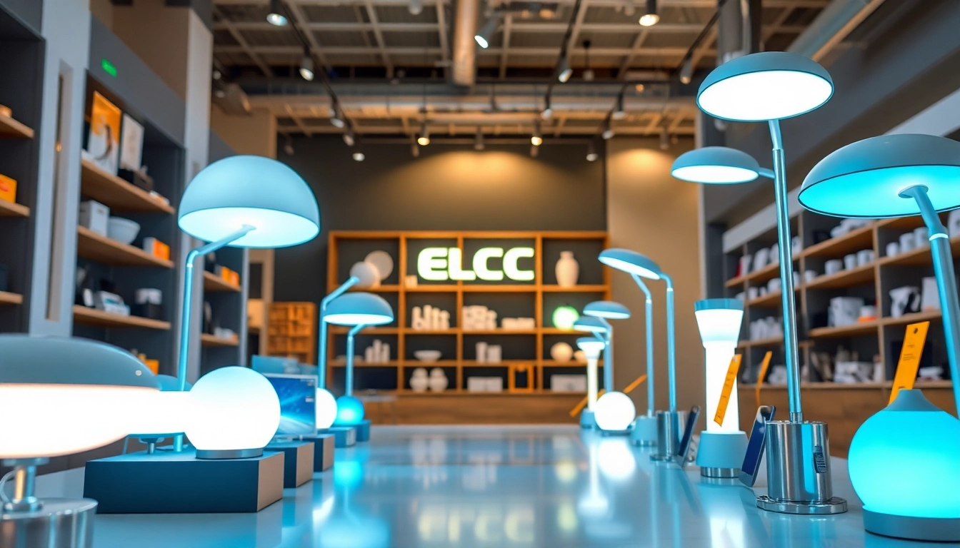 Explore ELC Lamps Online showcasing unique designs in a vibrant tech store atmosphere.