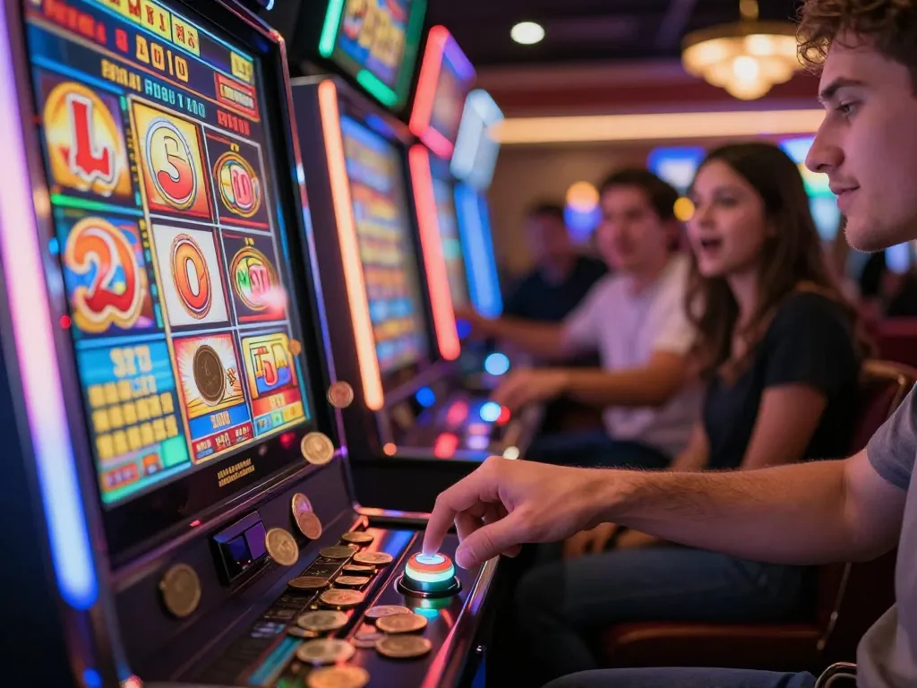 Pemain berinteraksi dengan mesin slot gacor, menekan spin di tengah cahaya berwarna-warni dan suasana yang menggembirakan.