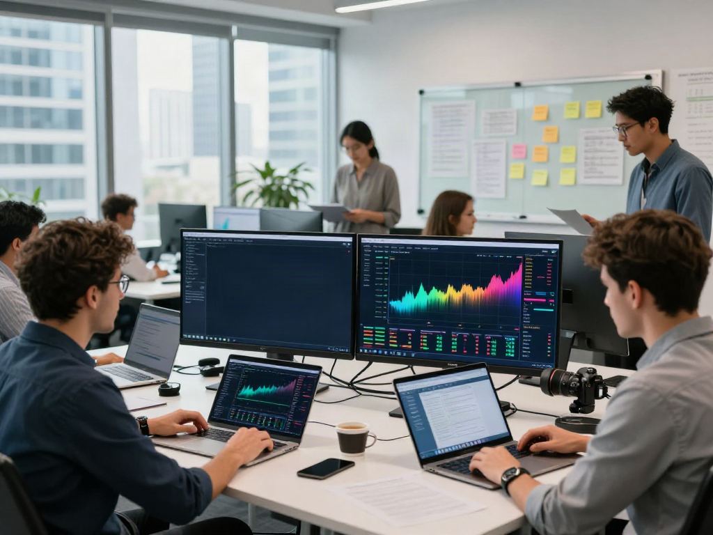 tradingview官网 trading setup in a modern office featuring diverse traders and dynamic charts