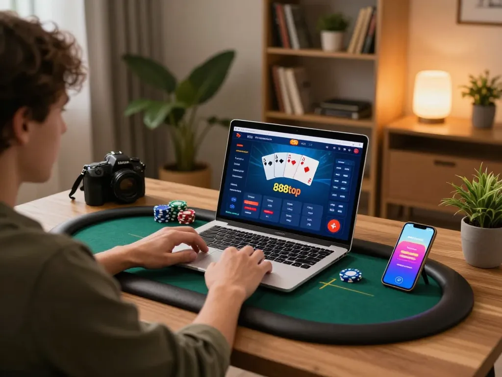 Player enjoying an engaging poker game on 888top's online casino platform from a stylish home office.