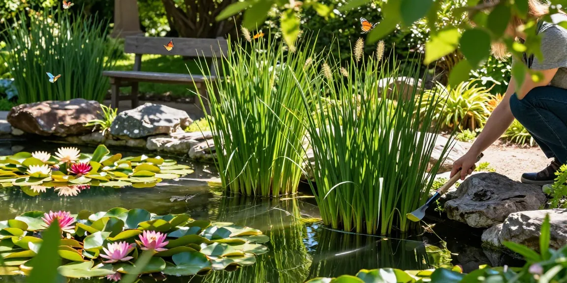 Marginal pond plants in a serene garden with person tending to colorful water lilies.