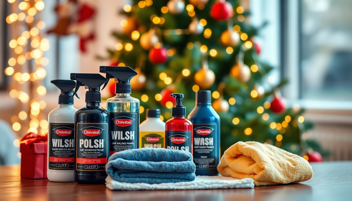Christmas car detailing gift set displayed festively with quality products and holiday decorations.