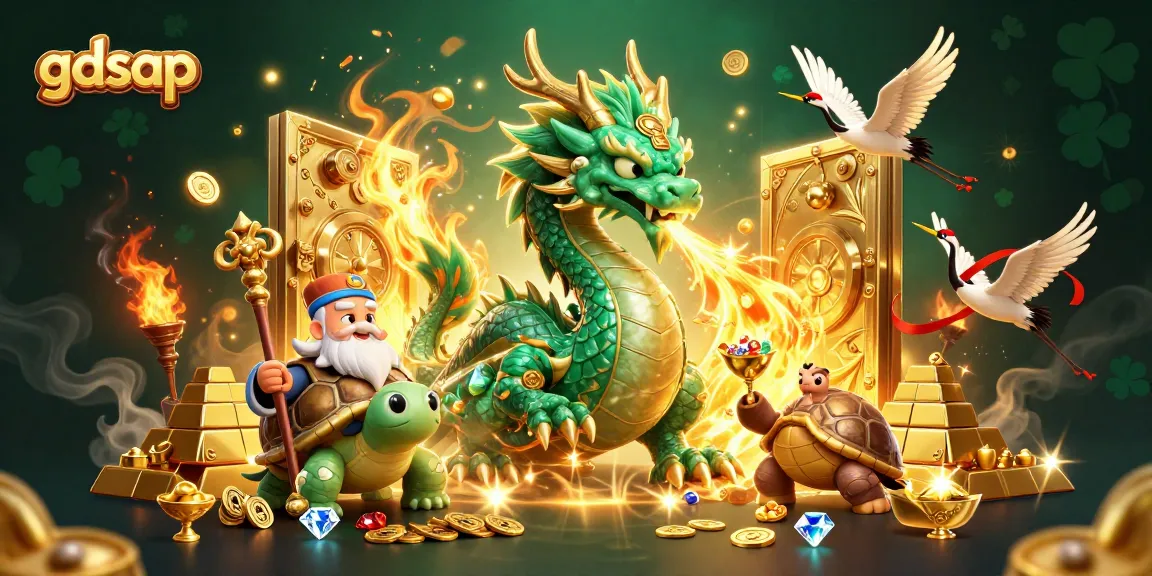 Engage with gdsap at this vibrant casino illustration showcasing a jade dragon and turtle sage surrounded by treasures.