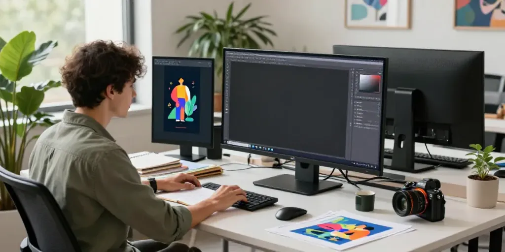 Creative designer using AI social media image generator software in a bright modern studio.