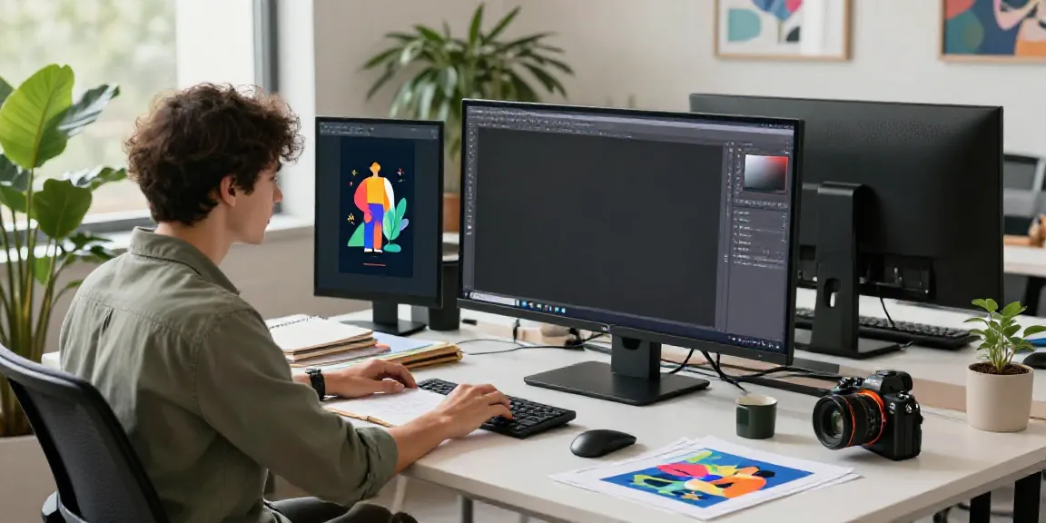 Creative designer using AI social media image generator software in a bright modern studio.