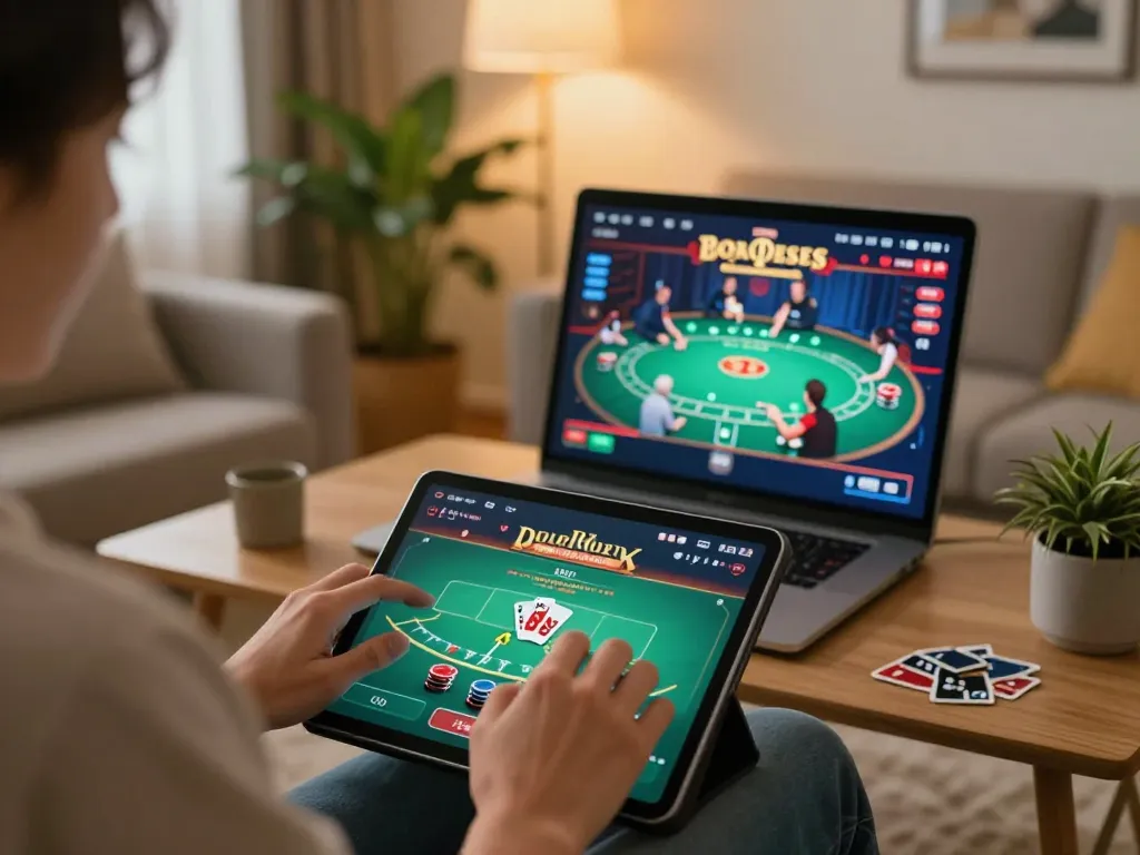 Engaged player enjoying poker on cm88-yu tablet in a cozy home setting with ambient lighting.