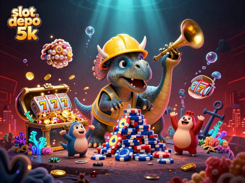 Build your winnings with slot depo 5k while a triceratops constructs poker chip towers in a vibrant casino scene.