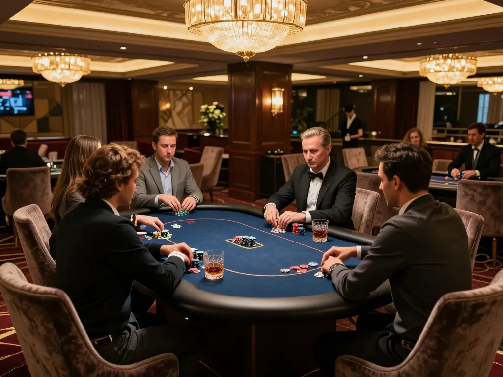 Players strategizing in a luxurious VIP poker room at 888top with ambient lighting.