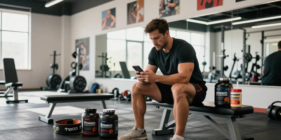 Dynamic fitness scene showcasing Pharmaqo Shop supplements and gear in use.