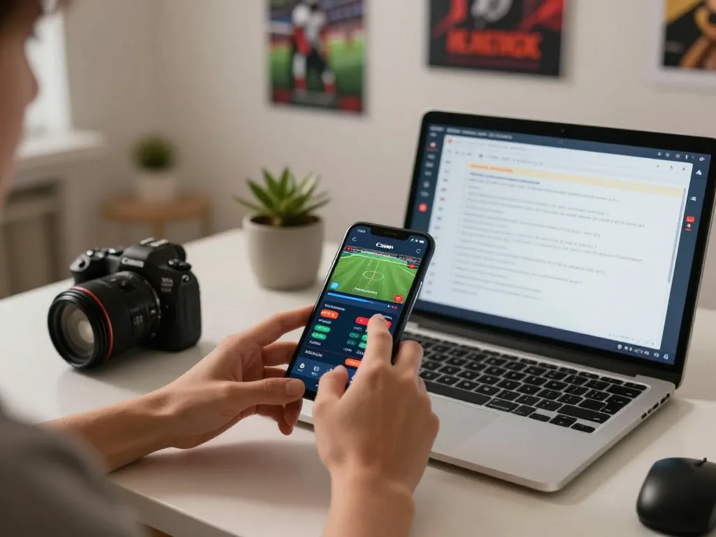 Engaging with mobile betting on MB88, displaying live sports odds in a stylish home office setting.