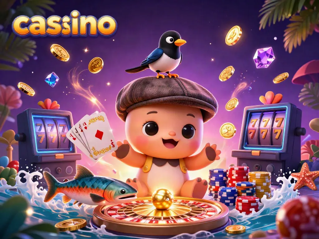 Experience the excitement of a casino with vibrant elements, from golden coins to playful characters!
