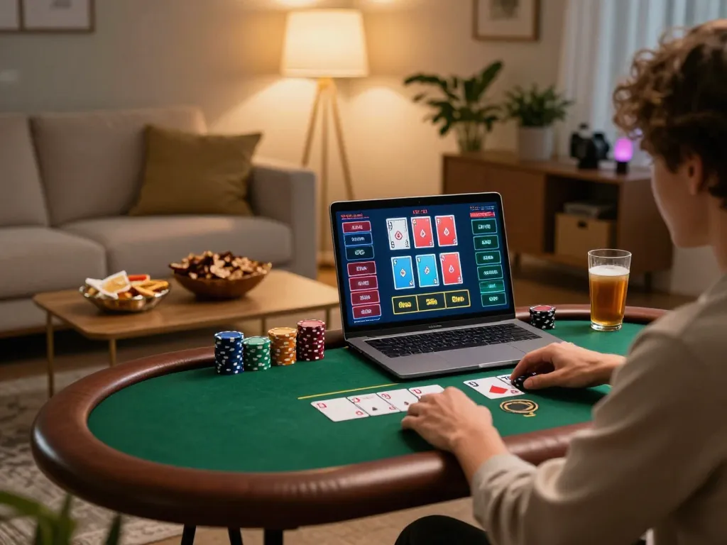 SC88 user placing a bet during an online poker game on laptop in cozy setting