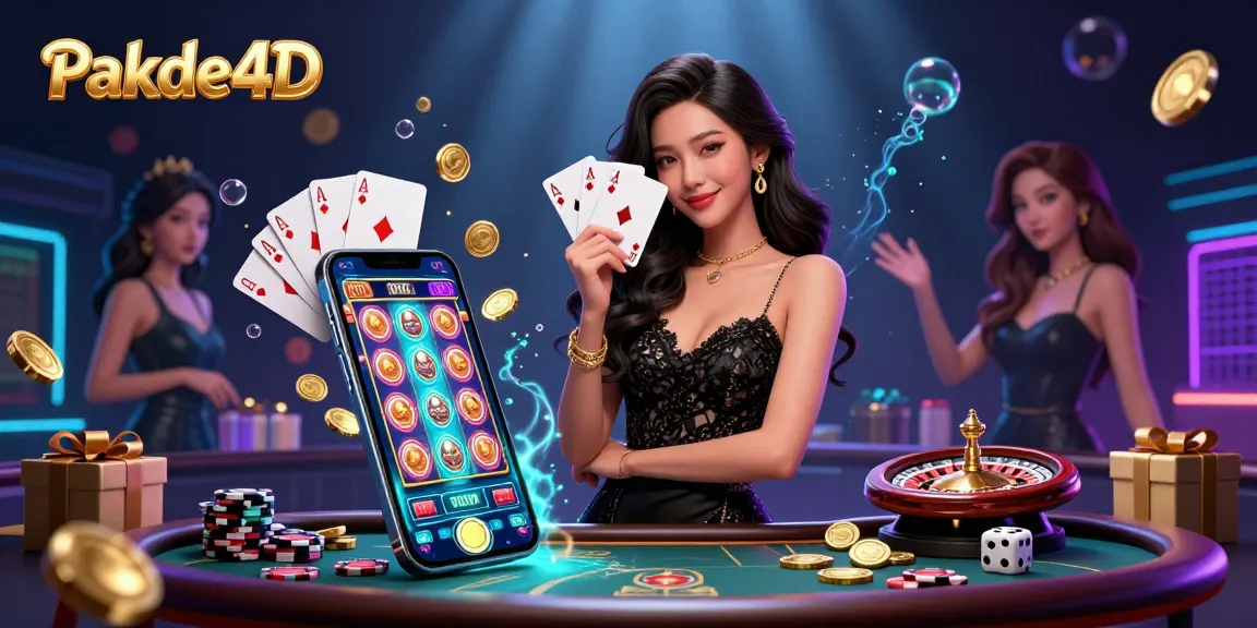 Engaging scene with Pakde4D, featuring an elegant Asian woman holding playing cards amidst colorful casino themes.