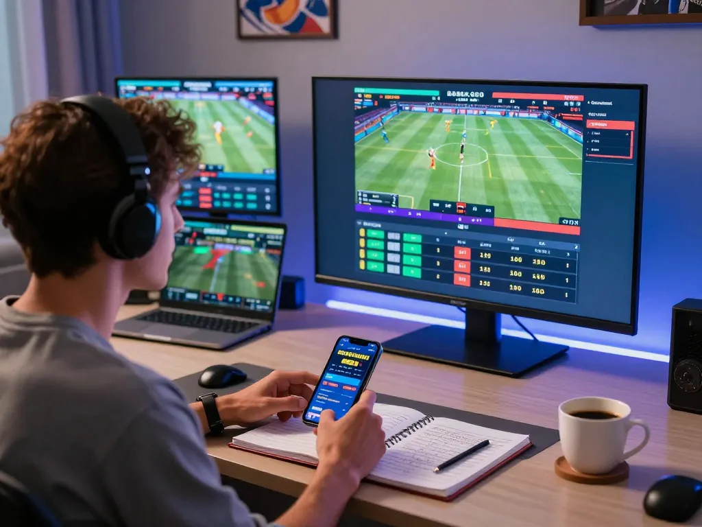 Engaging home setup for g28-t1 sports betting, featuring multiple screens and strategy notes.