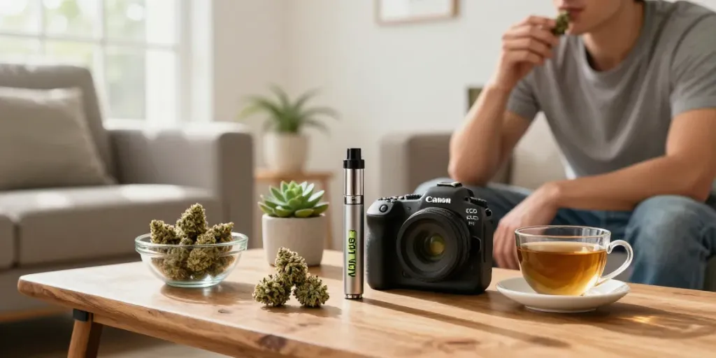 Experience the enjoyment of Alien Labs strain in a cozy living room setting, highlighting premium cannabis lifestyle.