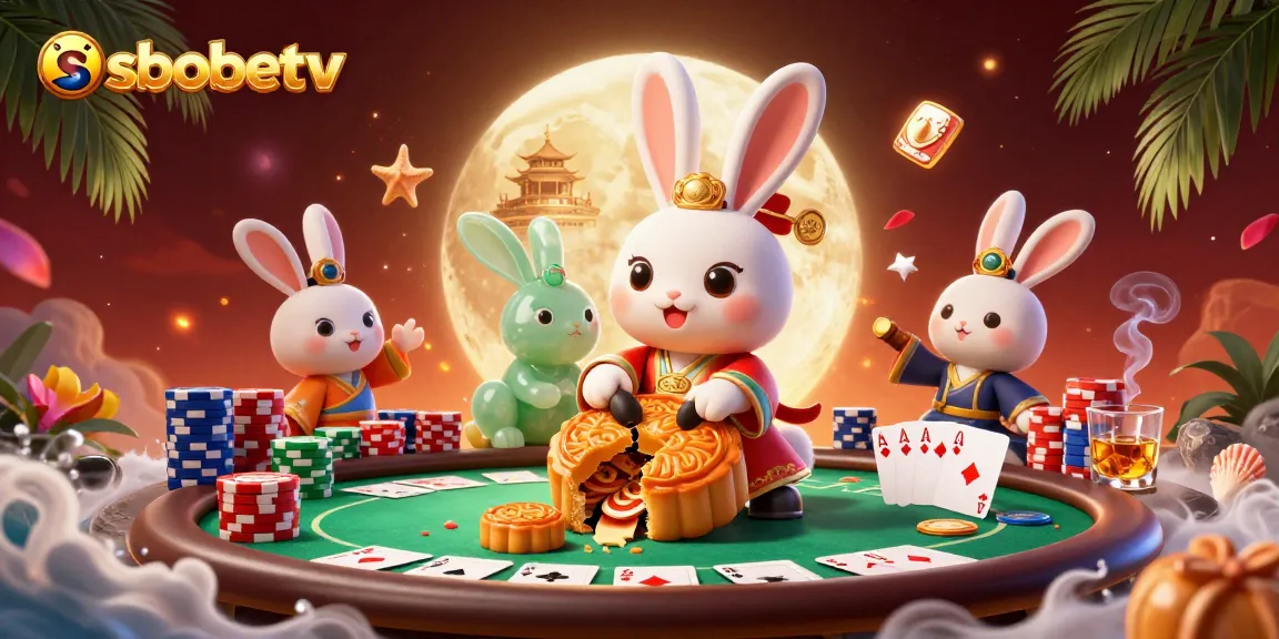 sbobetv features a playful moon rabbit revealing poker chips inside mooncakes on a festival-themed gaming scene.