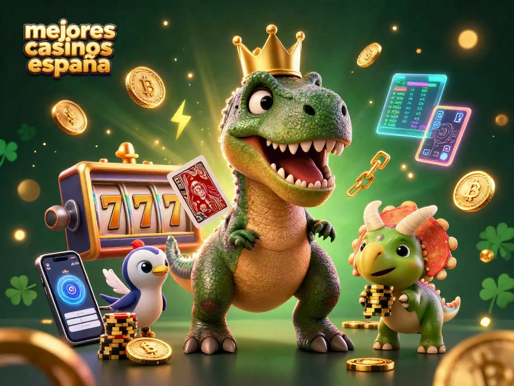 Disfruta de los mejores casinos en España con un T-Rex jugando a las cartas y un triceratops apilando fichas.