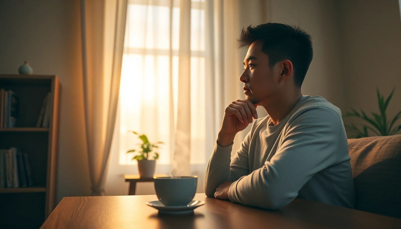 Reflective person observing nature while contemplating depression symptoms in a serene indoor setting.