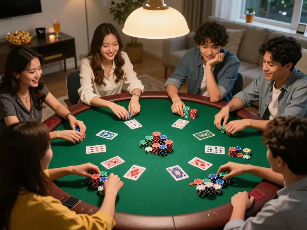 Group playing poker at home enjoying online casinos in Canada reddit discussions.