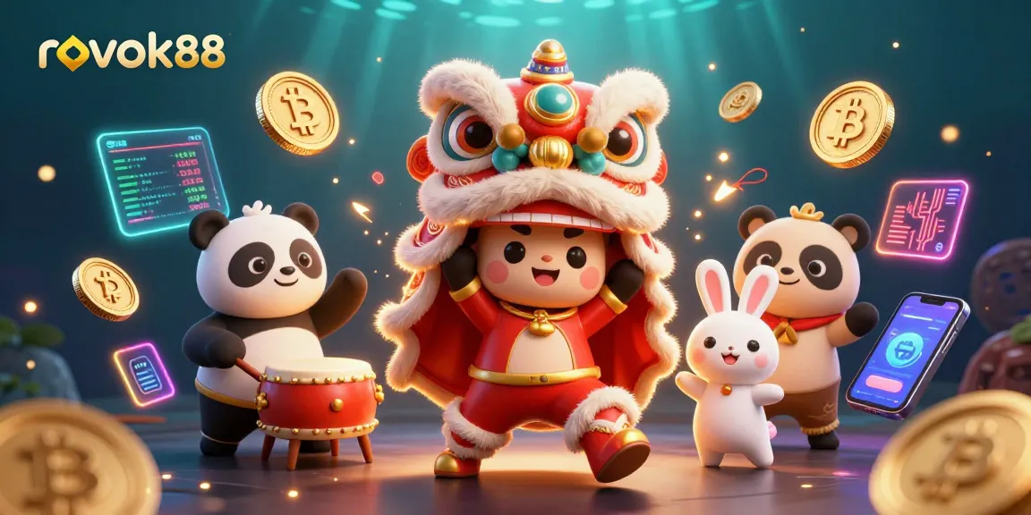 Enhance your gameplay with rokok88 characters in a vibrant 3D gambling scene filled with crypto elements.