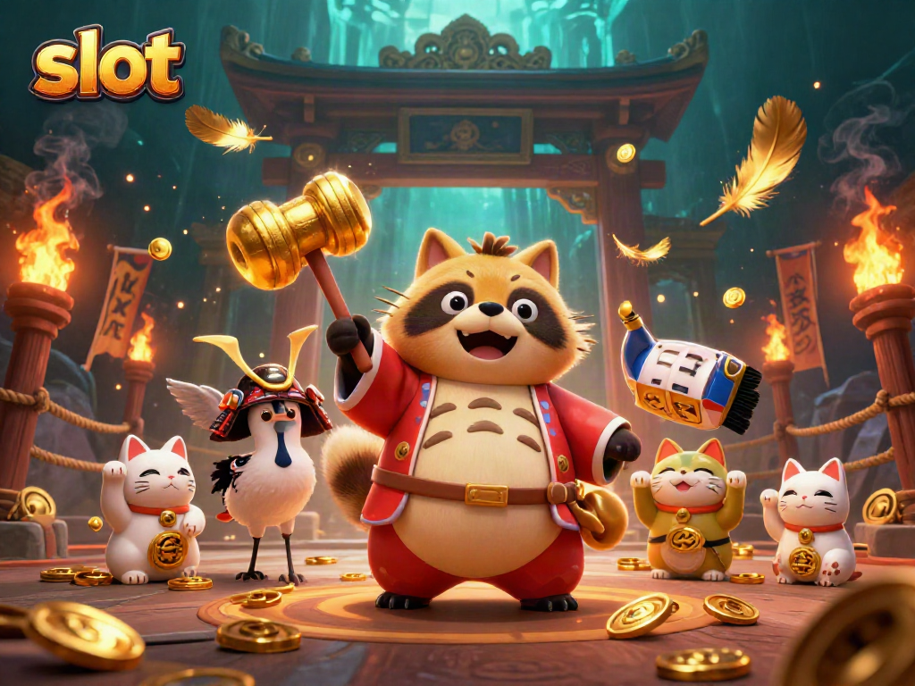 Spin the slot reels with a cheerful tanuki and fortune cats bringing luck!