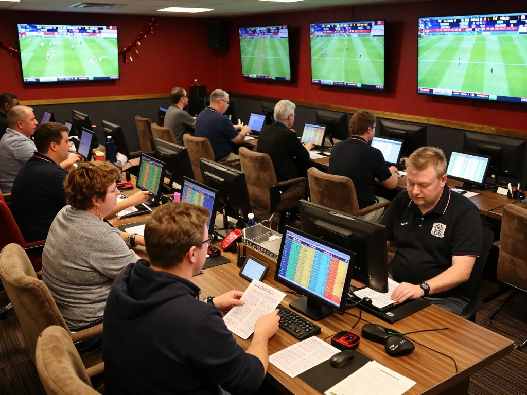 Excited bettors engaging in trang cá cược bóng đá at a vibrant sports betting venue, dynamic atmosphere with screens showing live matches.