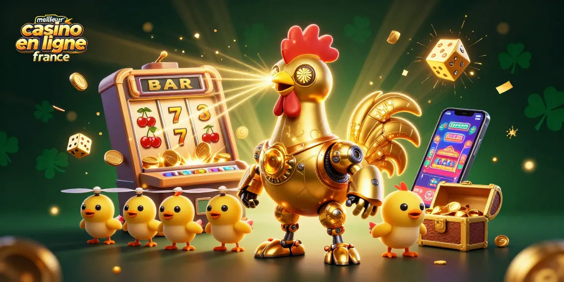 Illustration dynamique du meilleur casino en ligne France avec un robot coq et des jeux captivants.