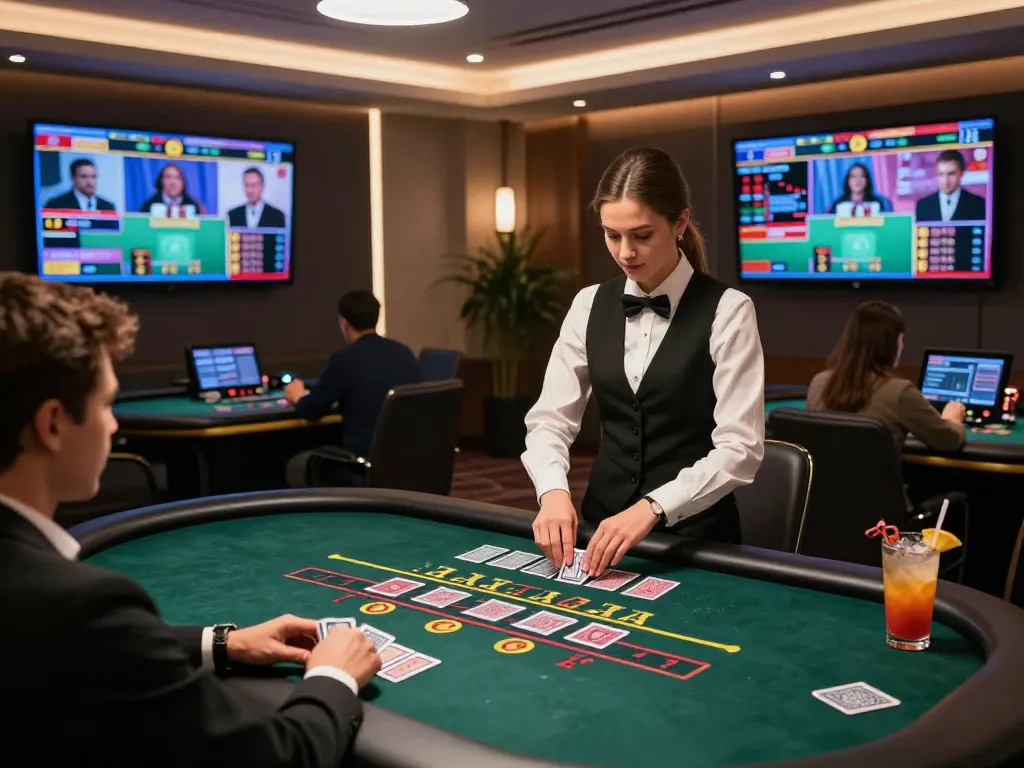 Kubet players engaging in a live dealer blackjack game, showcasing a modern online casino atmosphere with a professional dealer.