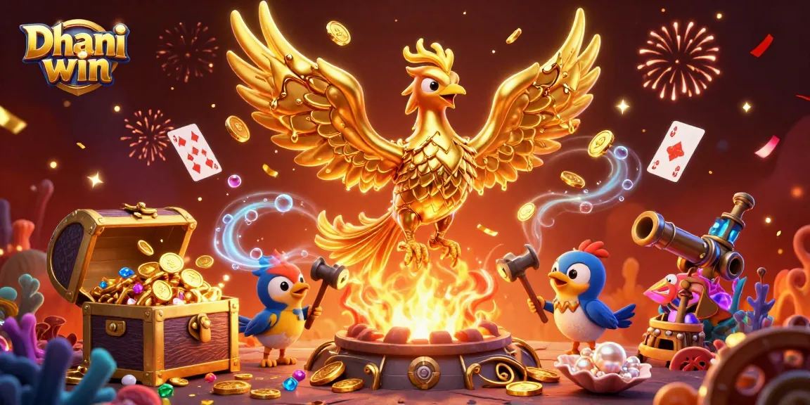 Dhani win presents an exciting online gaming experience with vibrant 3D illustrations of treasure and rewards.