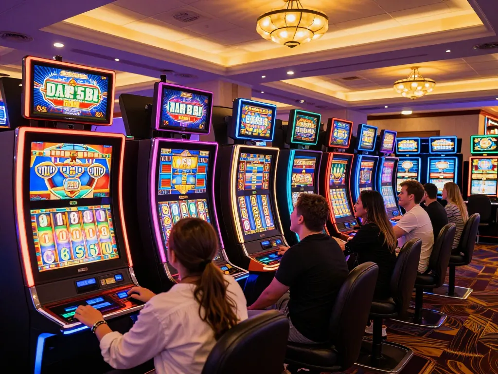 Engaged players enjoying diverse slot online games amid vibrant casino lights