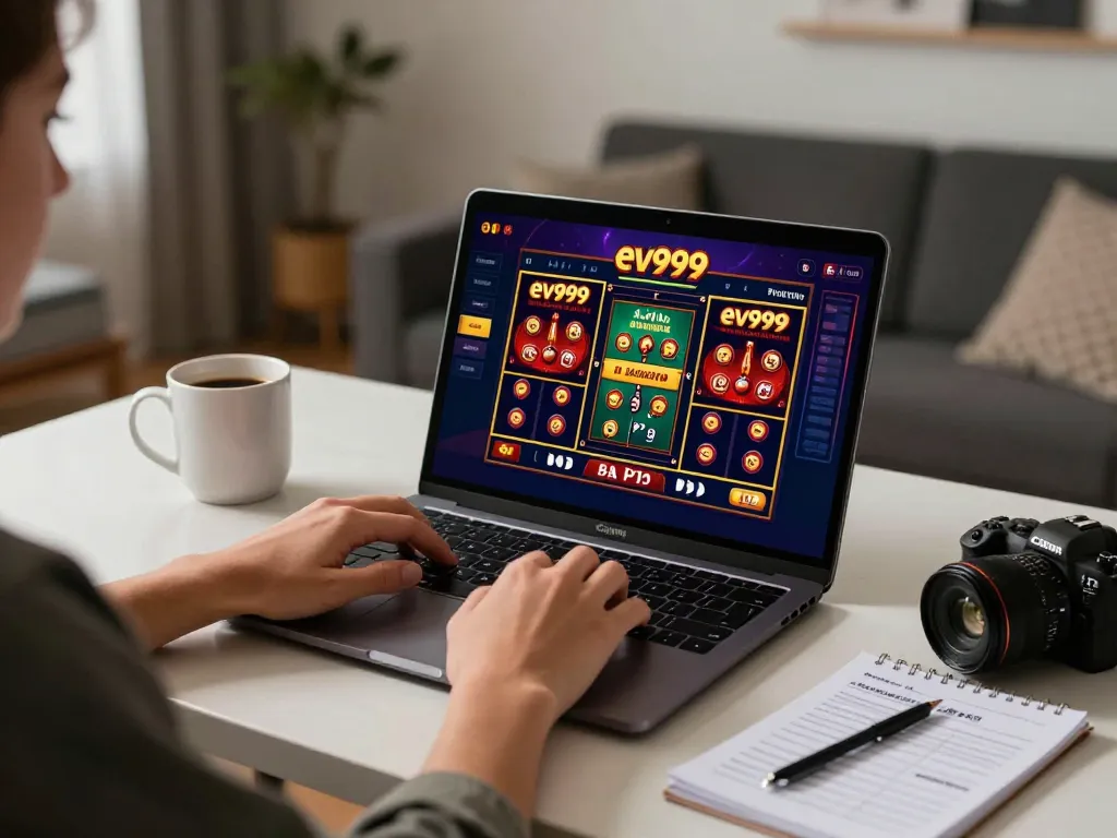 Player engaged in exciting ev999 online casino gaming session at home with vibrant game interface.