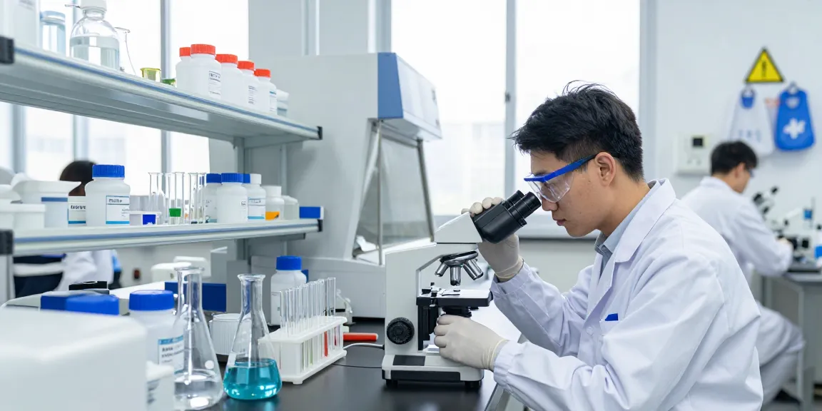 Professional in a lab examining chemical reagents at a leading chemical trading company, ensuring safety and quality standards.