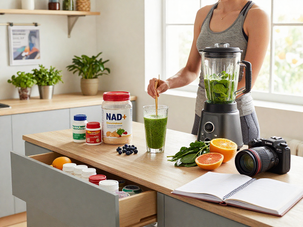 NAD+ benefits highlighted in a modern kitchen scene with smoothie ingredients and health supplements.