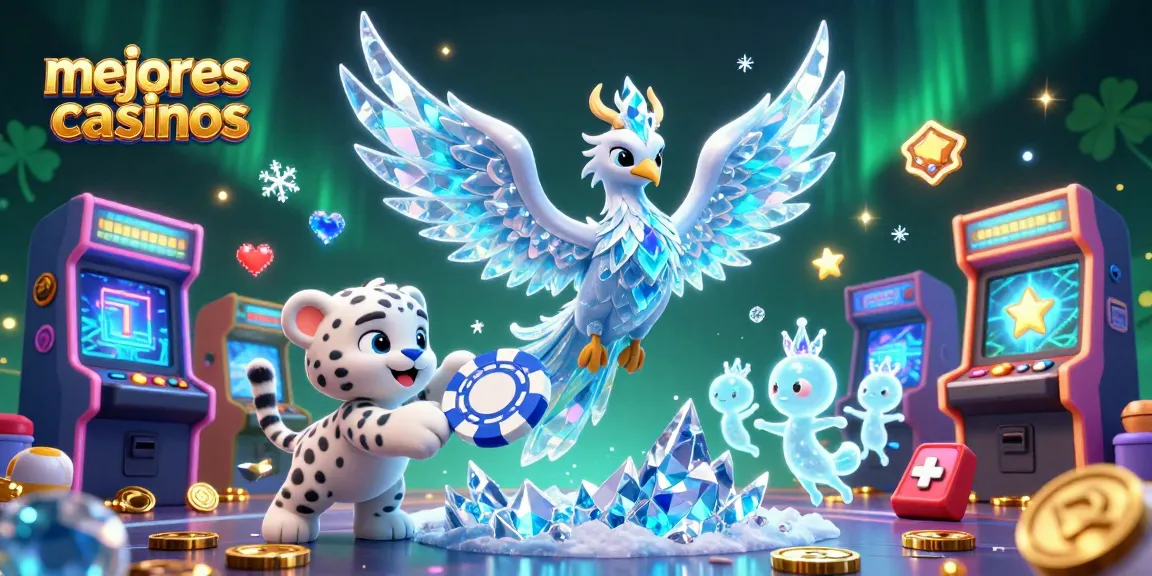 Juega en los mejores casinos con la ilustración de una fénix de hielo y símbolos de juego brillantes.