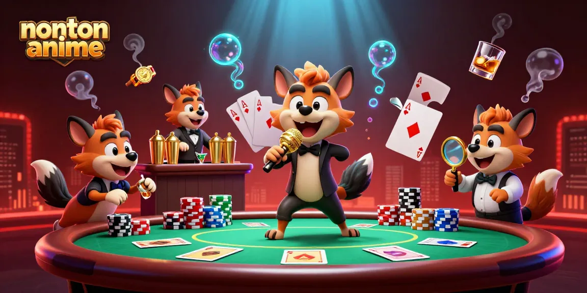 Nonton anime scene featuring hyenas in a comedy casino club, mixing drinks, and checking IDs, packed with vibrant gambling elements.