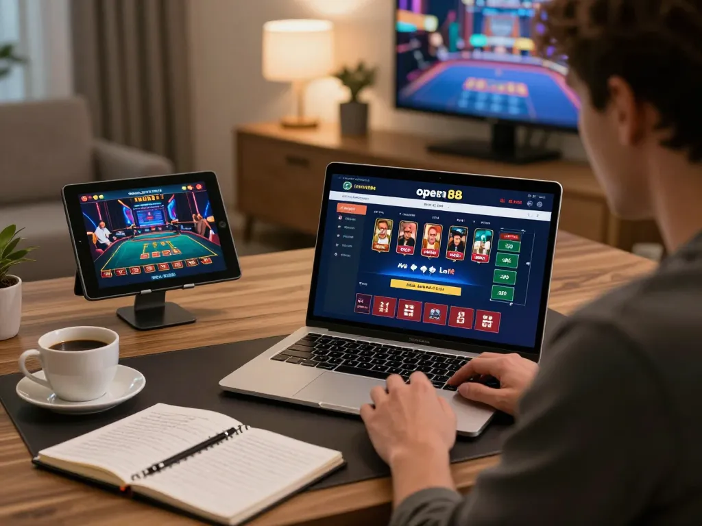 Player engaging with open88 đăng nhập interface on a laptop, showcasing strategic online gambling