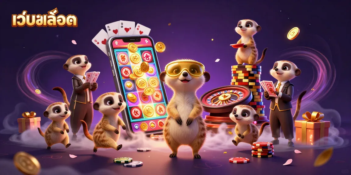 Experience thrilling เว็บสล็อต action with animated meerkats running their vibrant casino operation in a fantasy scene.