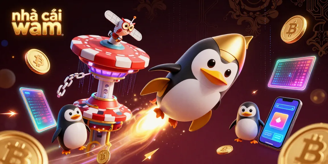 Experience thrilling excitement at nhà cái vmax with the golden penguin racing past vibrant casino elements.