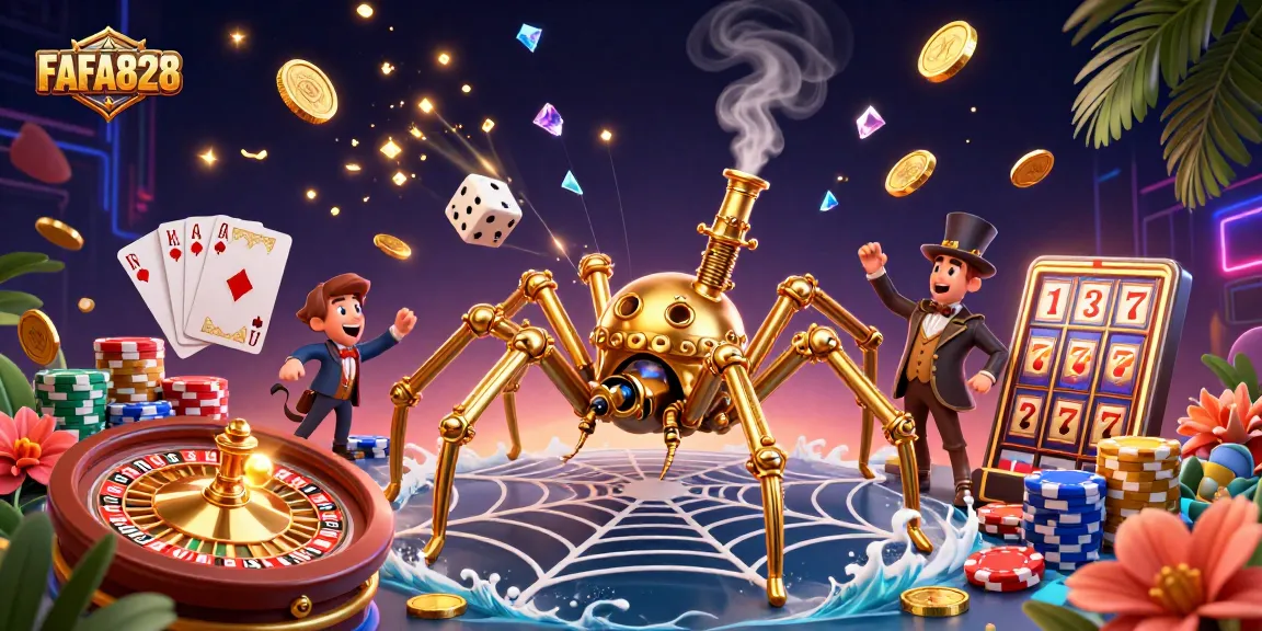 Engage with FAFA828 in this thrilling 3D casino illustration featuring a steampunk spider and a Victorian fly.