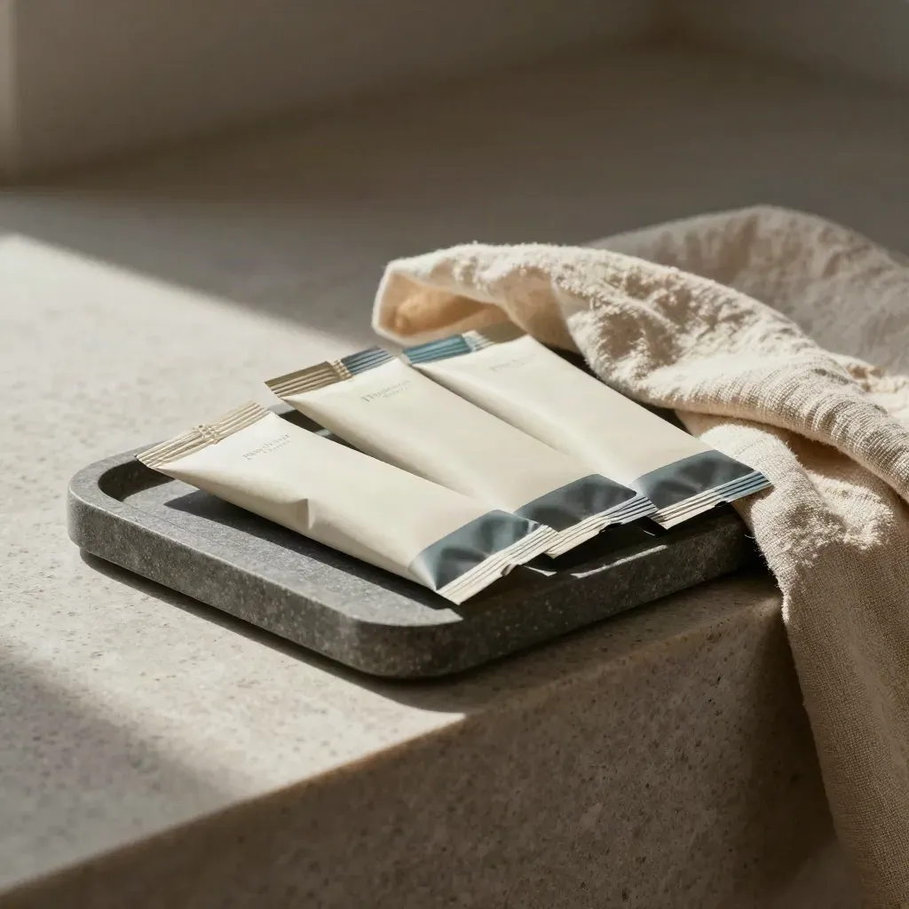 Premium insight packets and linen on a stone tray in soft directional light